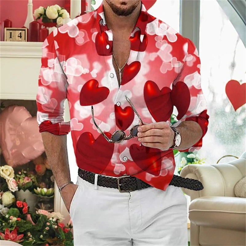 Valentine'S-Day Men Long Sleeve Shirts Couple Blouses 3D Print Love Heart Graphic Casual Lover Tops Festive Vacation Men Clothes