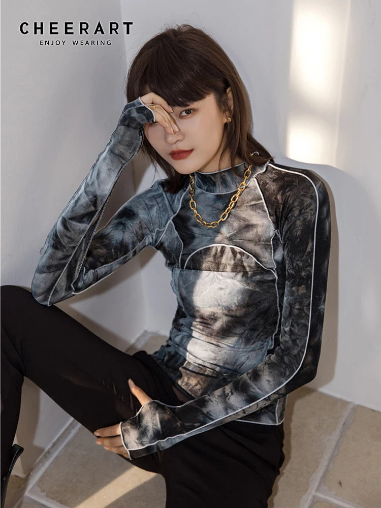 CHEERART Tie Dye Grey Black Turtleneck Woman Tshirts Bodycon Long Sleeve Top Women Fall Fashion Tee Shirt Femme Clothing