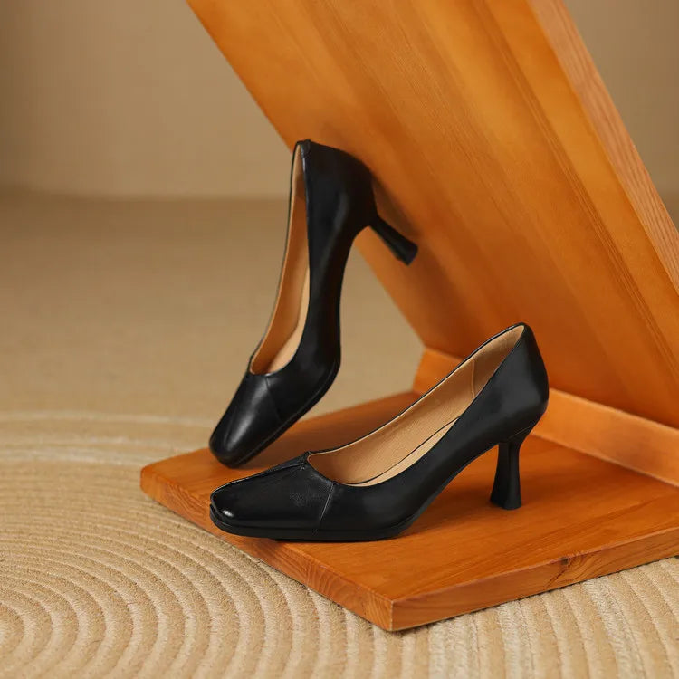 NEW Spring/Autumn Women Pumps Genuine Leather Shoes for Women Square Toe Thin Heel Shoes Concise Shallow High Heel Pleated Shoes
