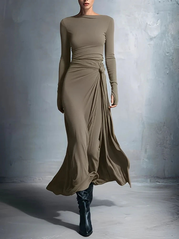 Elegant Long Sleeve Ruched Sexy Maxi Dress Women Gown Autumn Fashion Draped Bodycon Irregular Long Dresses Female Clothing