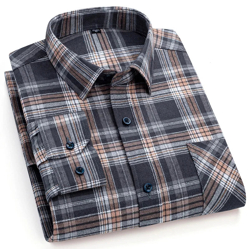 Men's Winter Chic Long Sleeve Shirt Cotton Flannel Plaid Button-Up Comfortable Warm Top for Business Casual Dress Shirts New