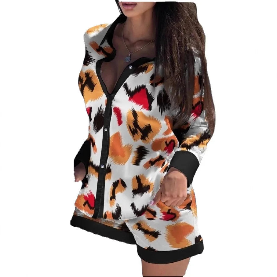 2026New Casual Set Solid Color Printed Shirt Button Long Sleeve Top+Pocket Shorts Set for Women womens matching sets 2 piece set