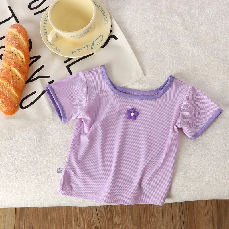 T-shirt Summer Square Collar Tops Casual Versatile Children Clothing New Baby Girls Tees Short Sleeve