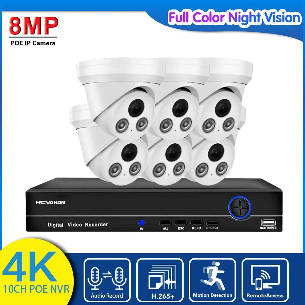 4K POE CCTV Camera Security System Kit Dome Outdoor Waterproof Color Night Vision IP Camera Video Surveillance System Kit 10CH