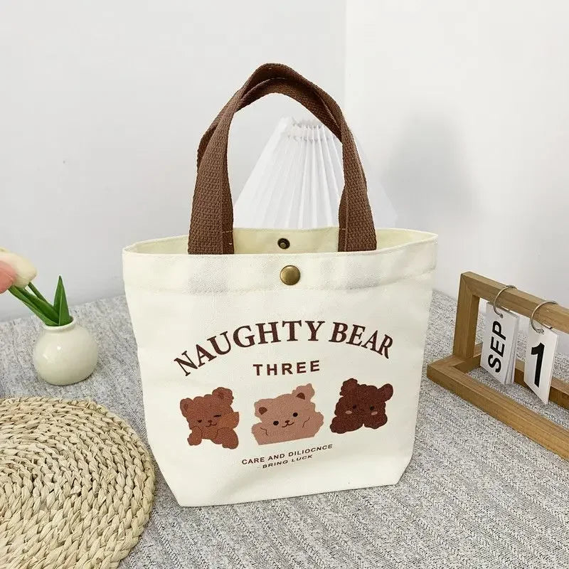 Cute Bear Canvas Mini Handheld Tote Bag Women Portable Lunch Bag Small Student School Handbag Ideal Gift Bag