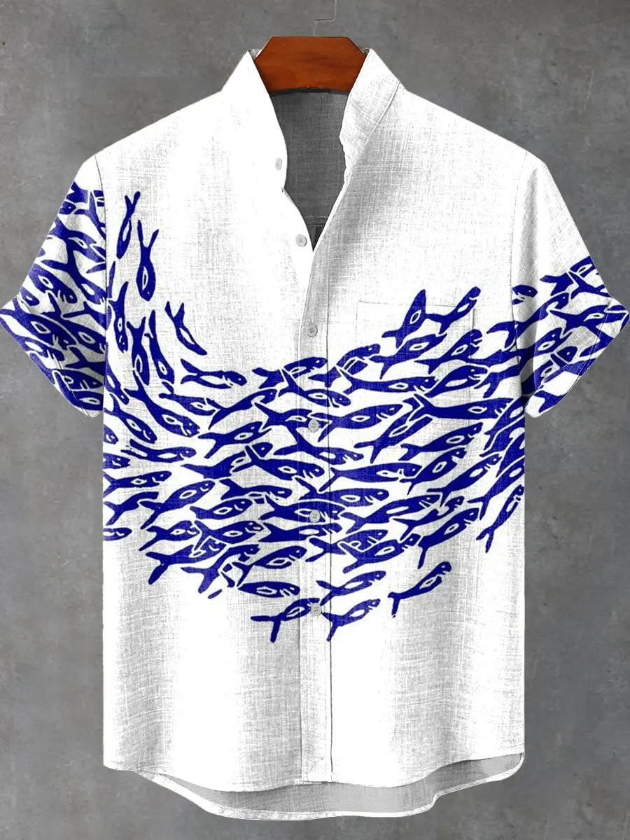 Men's new summer beach casual fish pattern short sleeved shirt fishing enthusiast clothing linen button up shirt