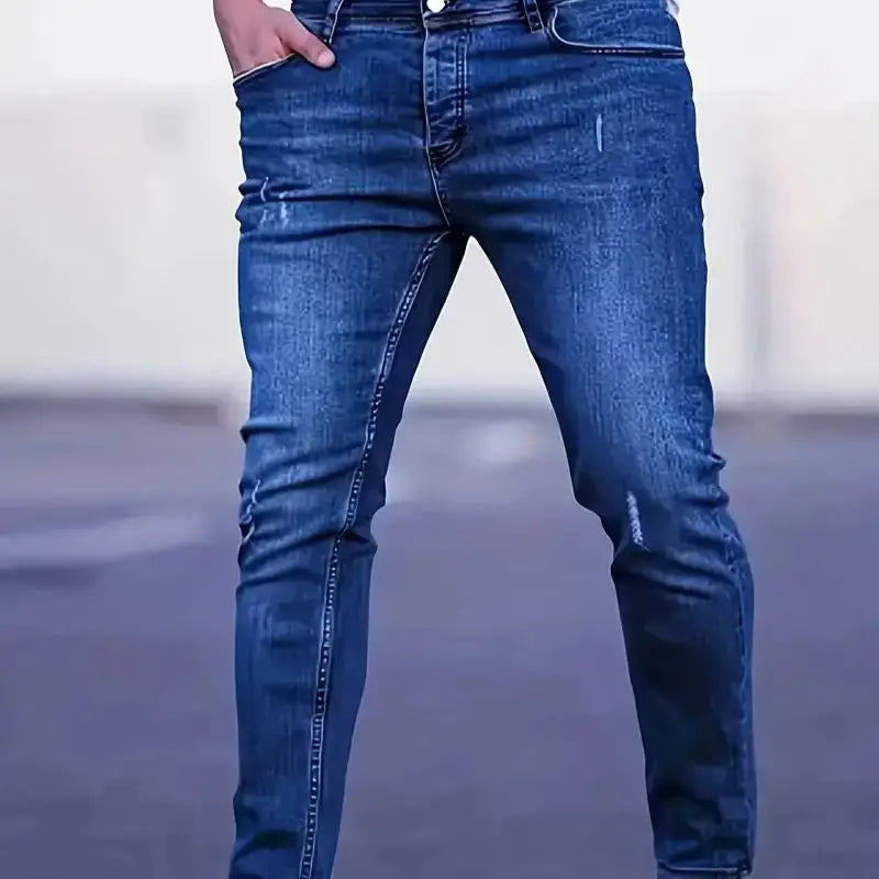 Men's Slim Fit Stretch Denim Jeans with Ripped Detail & Contrast Stitching, Fashion Streetwear Casual Trousers for Daily Wear
