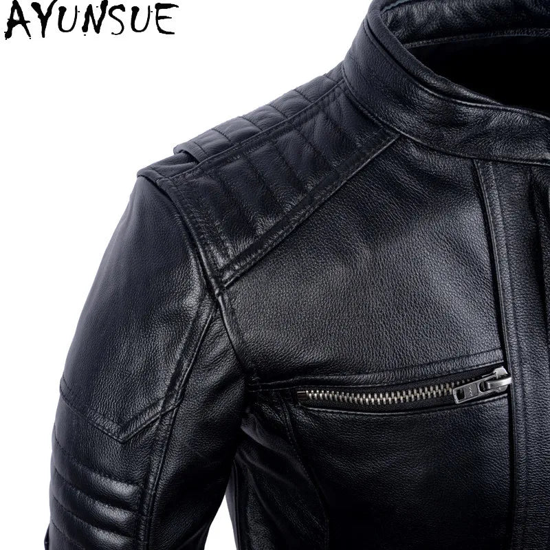 AYUNSUE Pure Cowhide Men Leather Jacket Fashion Stand Collar Short 100% Genuine Cow Leather Real Jacket Slim-fit Motorcycle Wear