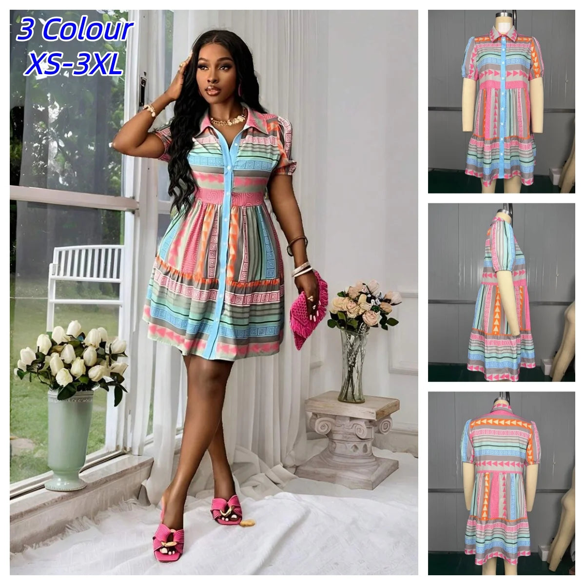 2026 Women's Summer Princess-Sleeve Ethnic Geometric Floral Print Shirt Dress Vintage Ruffle Hem A-Line Mini Party Dresses