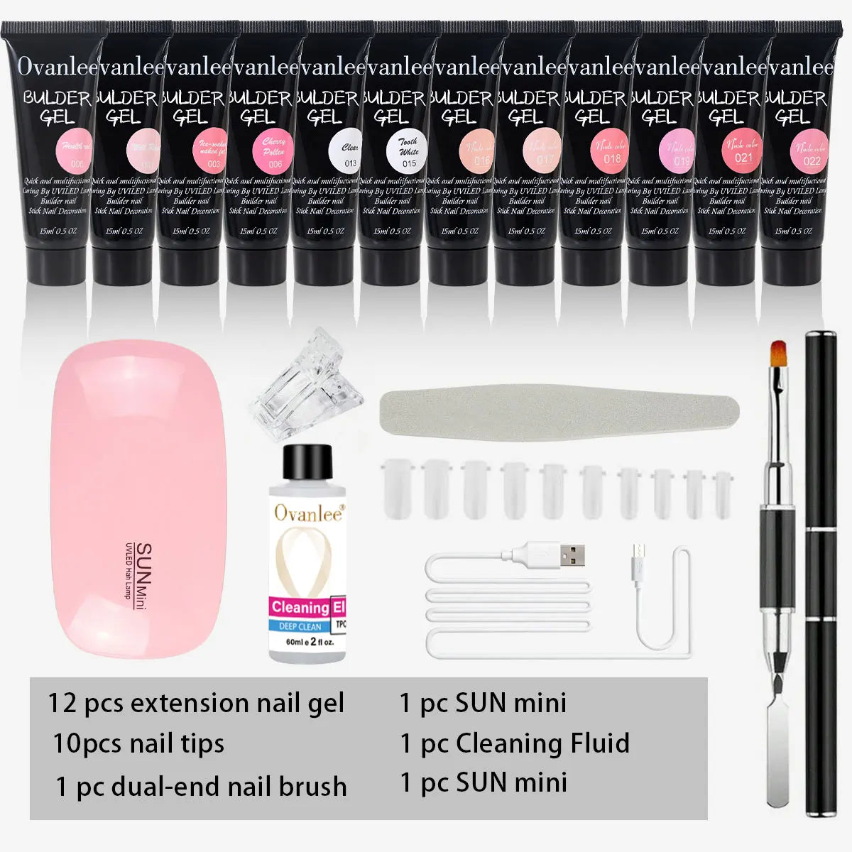 Ovanlee 18-Piece All-in-One Nail Builder Gel Kit – 12 Colors 15ml Polygel with Mini UV/LED Lamp, Cleaning Fluid, Nail Tips & Tools – Form-Free DIY Manicure Extension & Strengthening Set