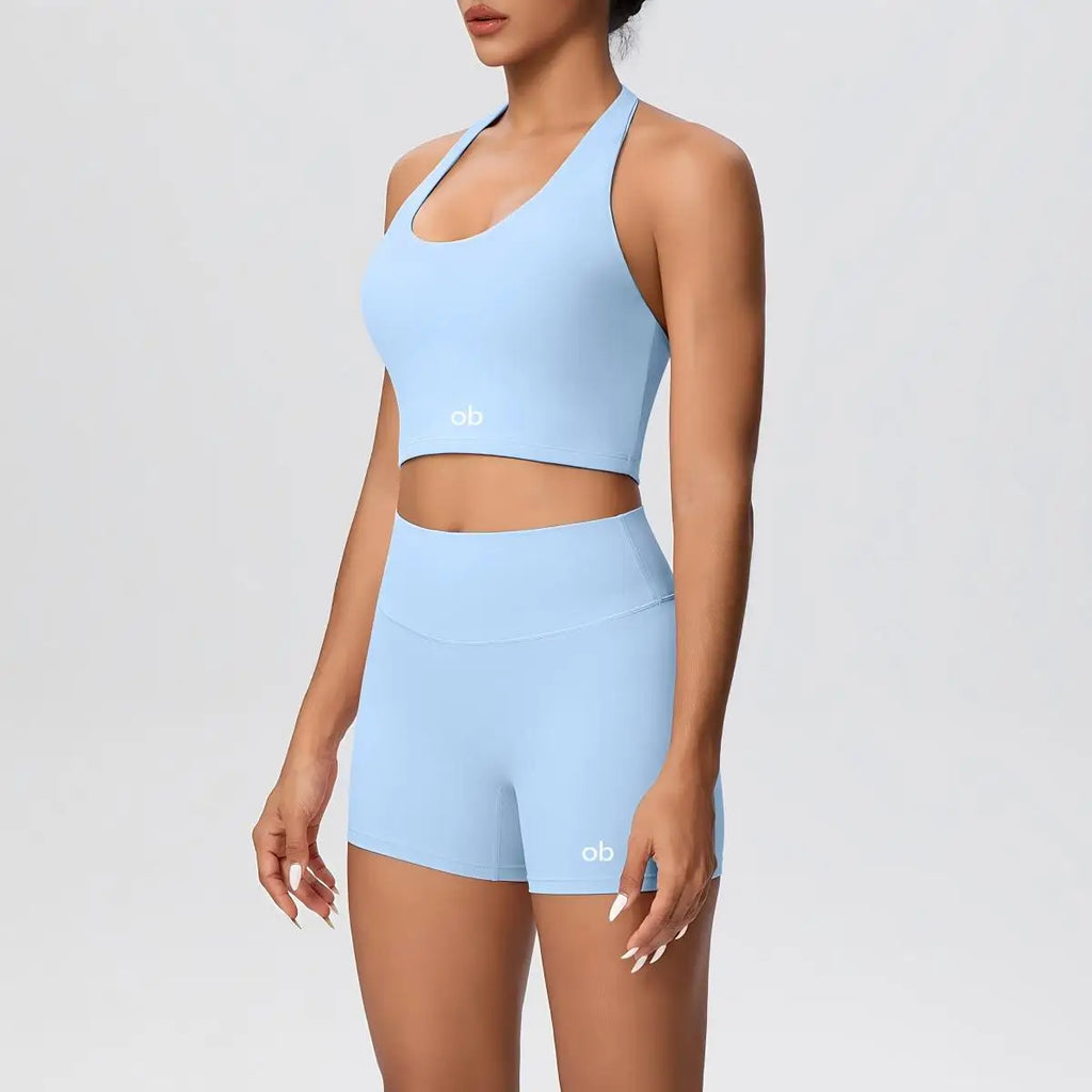 New solid-color double-sided brushed tight-fitting neckless short pants yoga set for exercise, running and fitness two-piece set