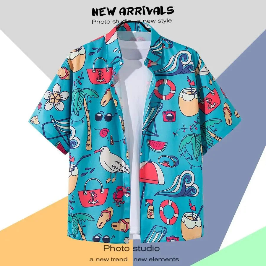 New Summer Casual Short Sleeved Shirt Korean Version Fashionable Men's and Women's Loose Collar Hawaiian Seaside Flower Shirt