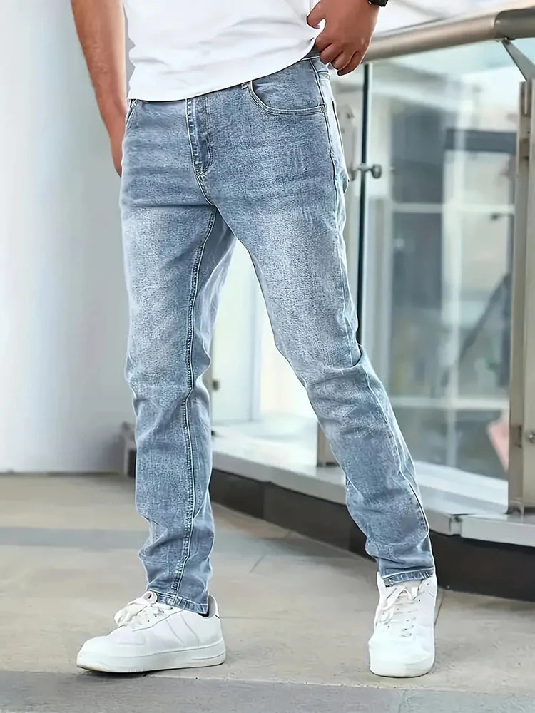 2025 Men's Slim Four-Season Washed Fashion Jeans Stretch Slim Fit Light Blue Gray Black Casual Denim Pants