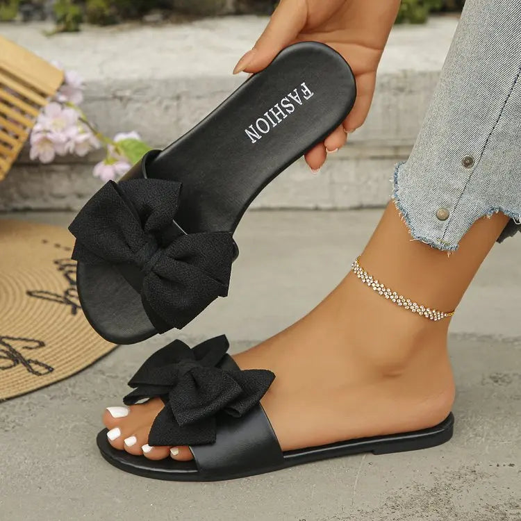 Womens Slip on Flat Sandals Big Bowknot Wide Strap Slides Mules Open Toe Casual Sweet Summer Beach Comfort Daily Walking Shoes