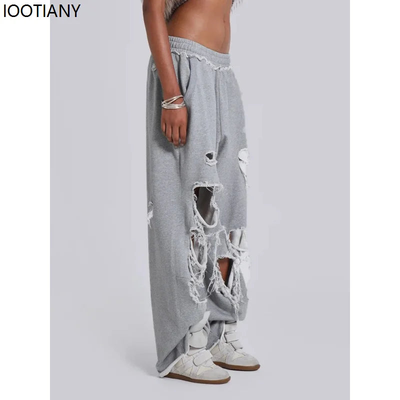Y2k Grey Ripped Women's Jogging Wide Leg Pants American Retro Hip-hop Drape Thin Sports Pants Solid Color Loose Casual Summer