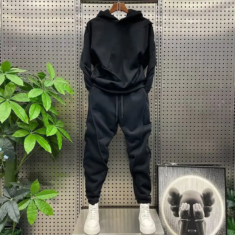Men's autumn and winter solid color sports and leisure set, long sleeved hoodie, leg binding, youth 2pcs set