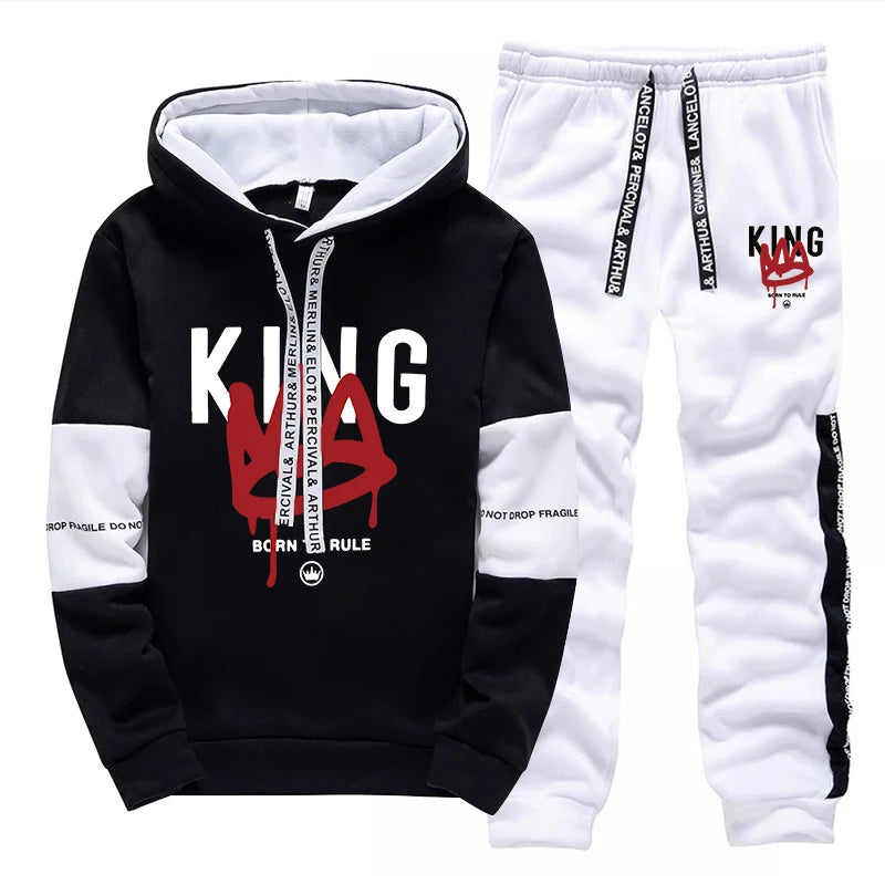 King Print Mens Tracksuit Casual Sweatshirts Outdoors Sports Jogging Mens Clothing Daily Street Sportswear Single Piece Hoodies