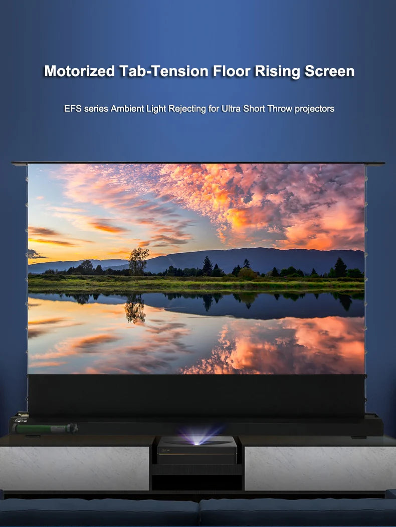 Motorized Floor Rising CLR Projection Screen Tab Tension 92 100 Inch Ambient Light Rejecting Electric for UST Projectors 3D 8K
