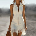 Fashion Vintage Mini Dress for Women Turndown Collar White Stretch Denim Dress Sexy Sleeveless Zipper Tassel Holiday Party Dress