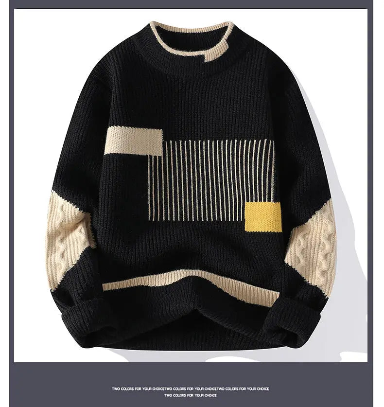 Mock Neck Knitted Sweater Men Women Autumn Winter Daily Casual Warm Knitting Pullovers Men's Fashion Patchwork Pullover Sweaters