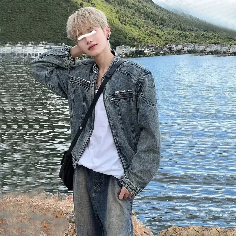 American Vintage Washed Cropped Denim Jacket, Metal Collarless Jacket For Men