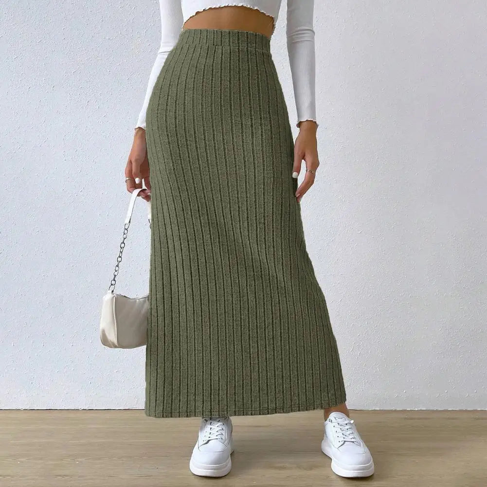 Women Maxi Ribbed Skirt High Waist Side Slit Knitting Skirt Solid Color Long Skirt Streetwear Women Outdoor Wear Skirts