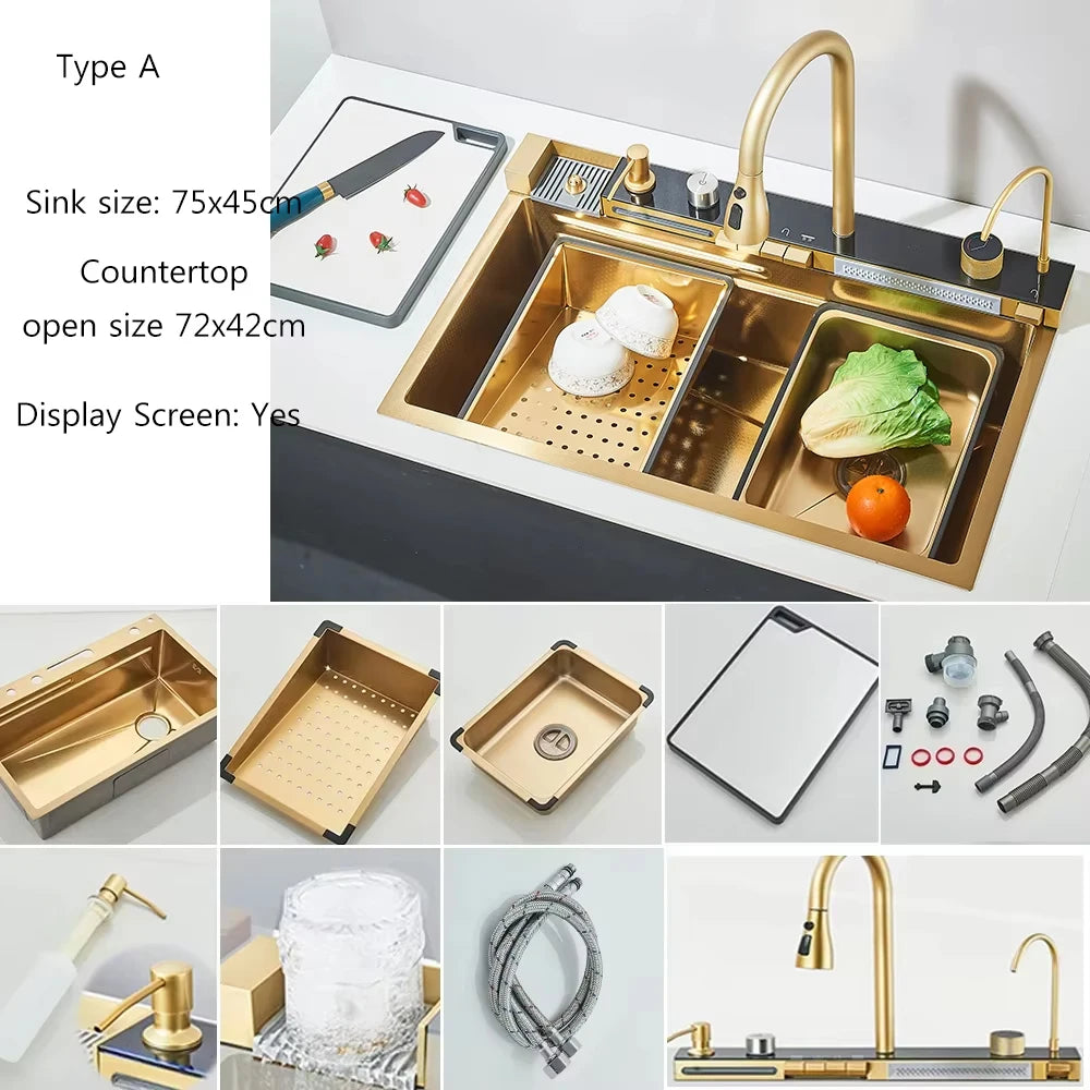 304 Stainless Steel Waterfall Kitchen Sink Large Single Slot Integrated Digital Display Faucet Set Soap Dispenser Cup Washer