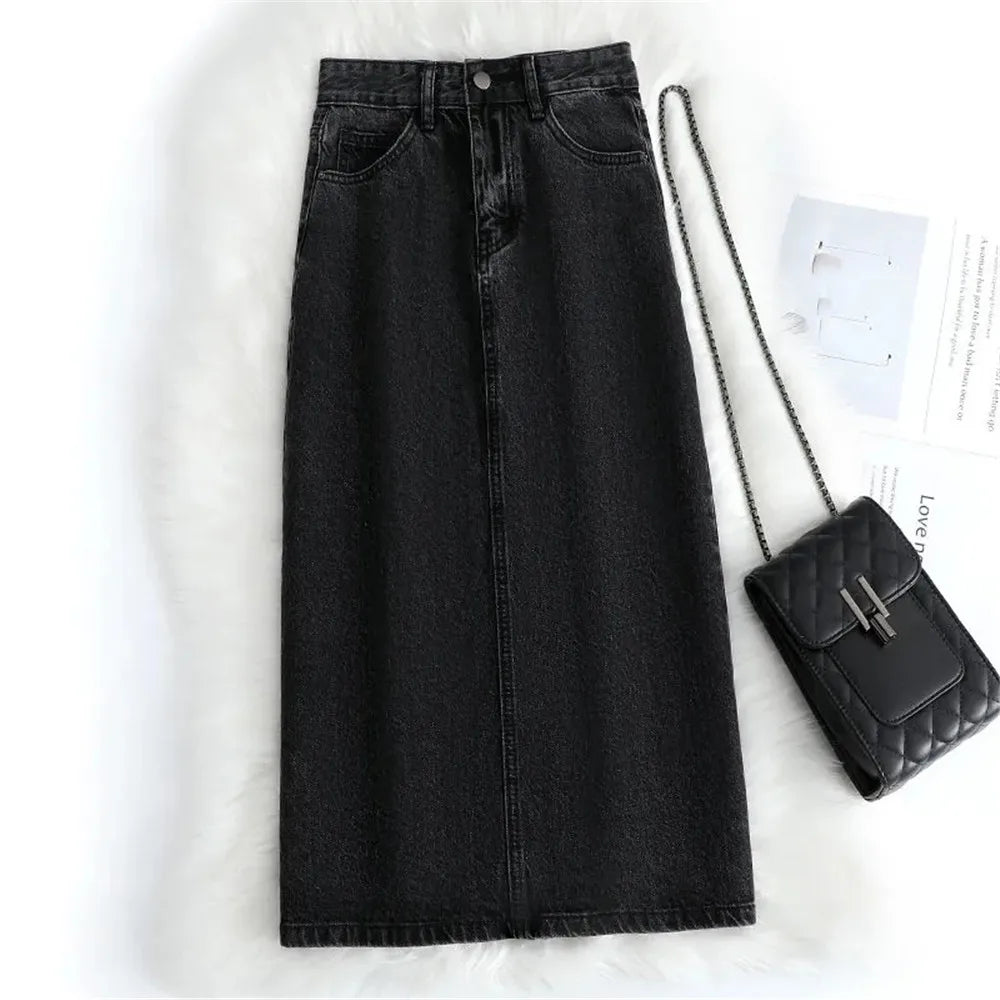 Women Denim Skirt Spring A Line Summer High Waist Loose Split Hem Dark Blue Chic Casual Streetwear Jean Midi Skirt Streetwear
