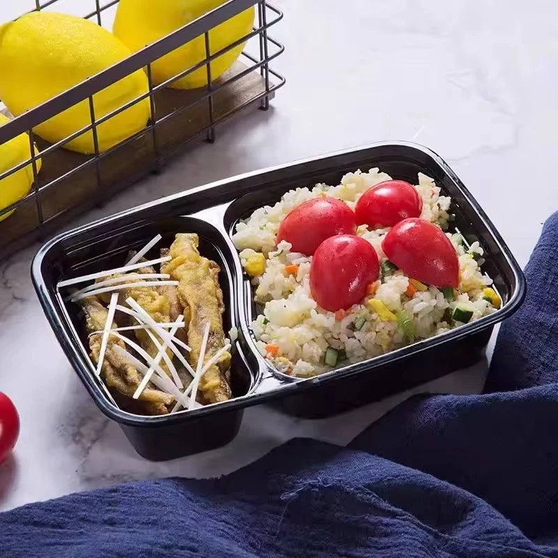 10PCS Disposable Food Boxes with Lids Two Compartments Disposable Portable Bento Boxes Storage Fruit Takeaway Food Container