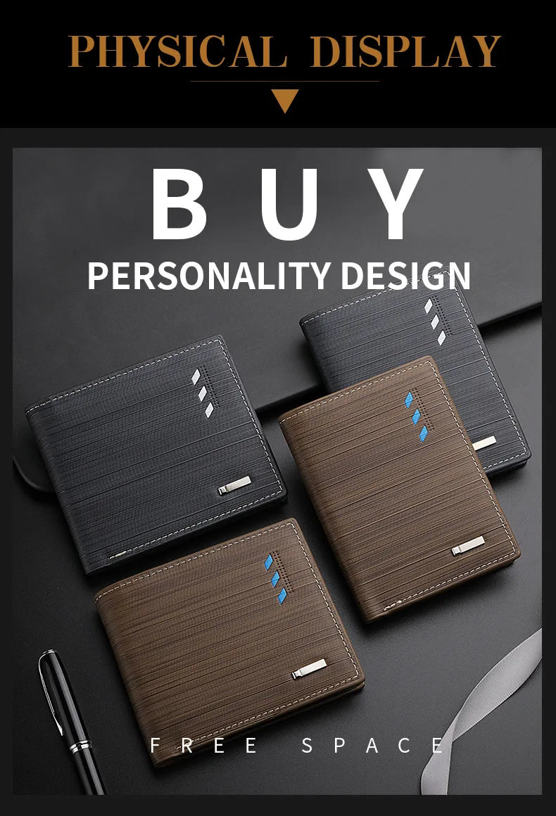 Business Men's Short Wallet Microfiber Synthetic Leather Short Wallets Men Stripe Male Purse Coin Pouch Multi-functional Cards