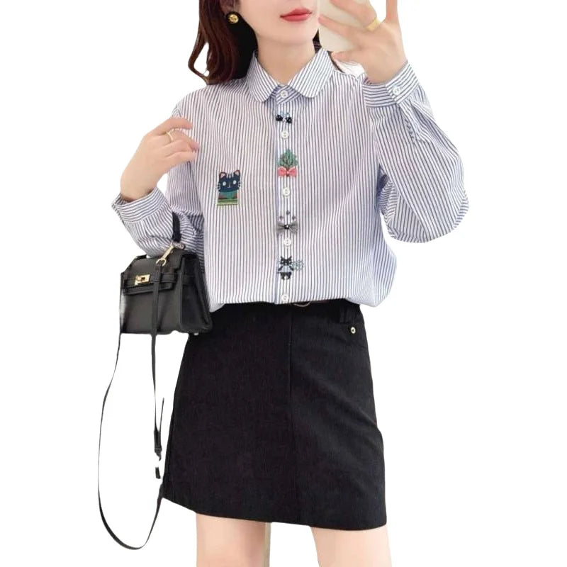 Sweet Cartoon Cat Embroidery Long Sleeve Shirt Women's Casual Style Spring Fashion Artistic Loose Fit Cotton Shirt