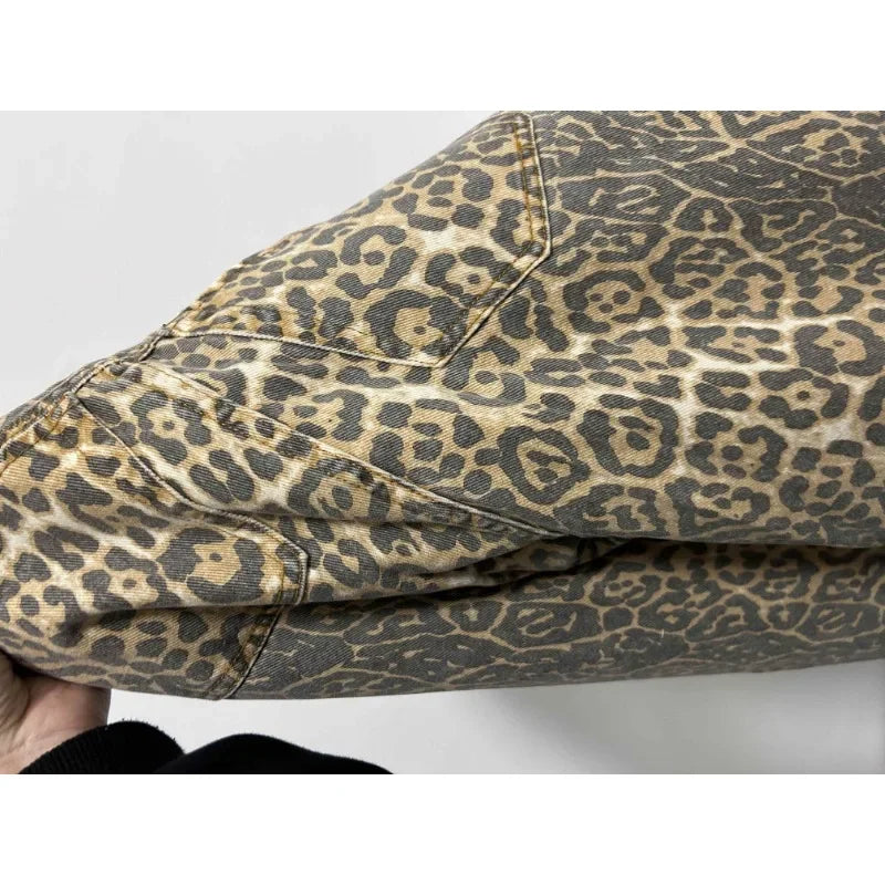 American Retro Leopard High Waist Baggy Jeans Women's Casual Pockets Hip-hop Pants 2024 Spring Y2K Oversiz Panther Denim Trouser