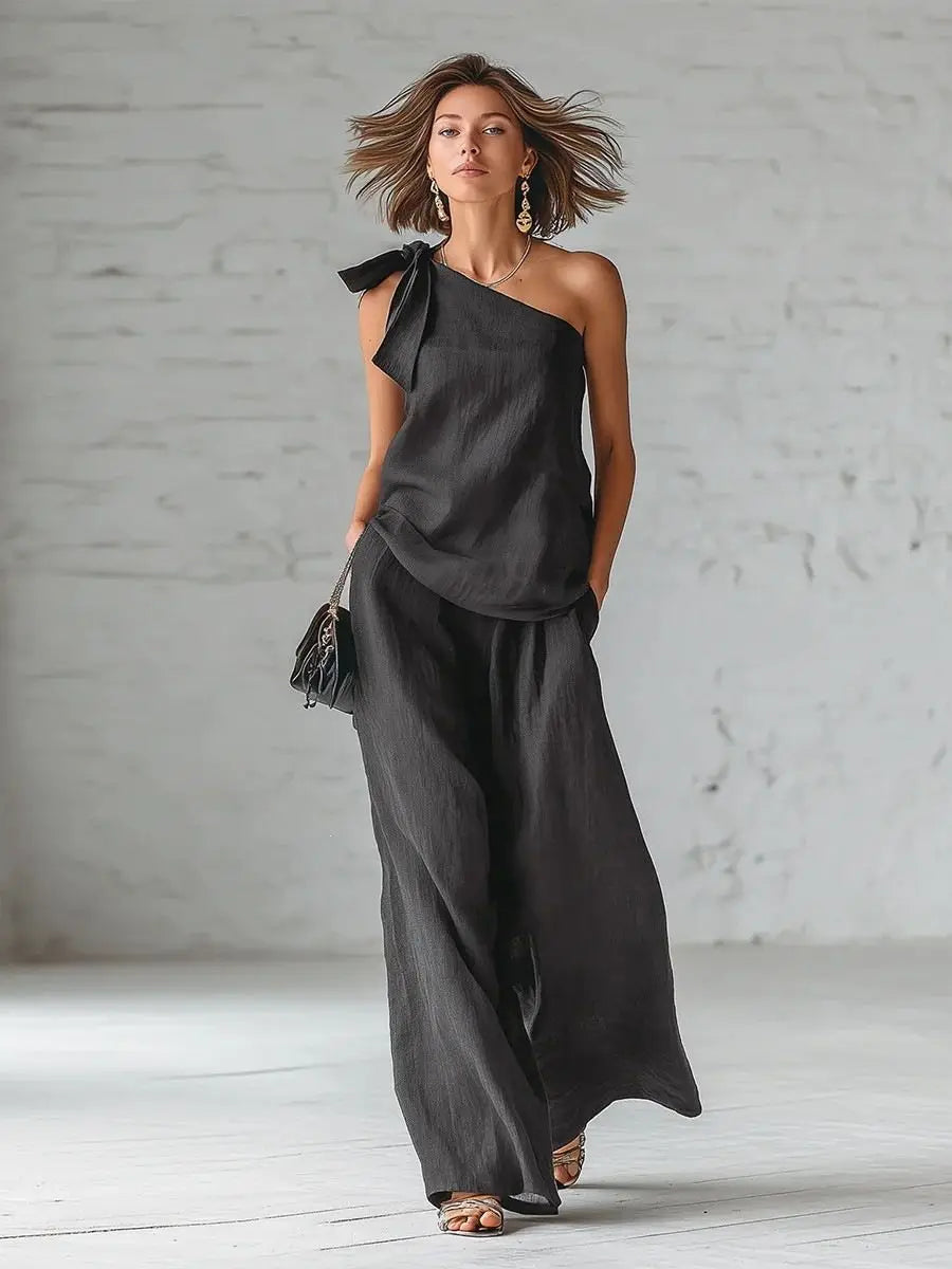 2026 Summer Sexy Off Shoulder Tank Tops Wide Leg Pants Two Piece Sets Casual Loose Solid High Waist Pants Sets Lace Tops Outfits