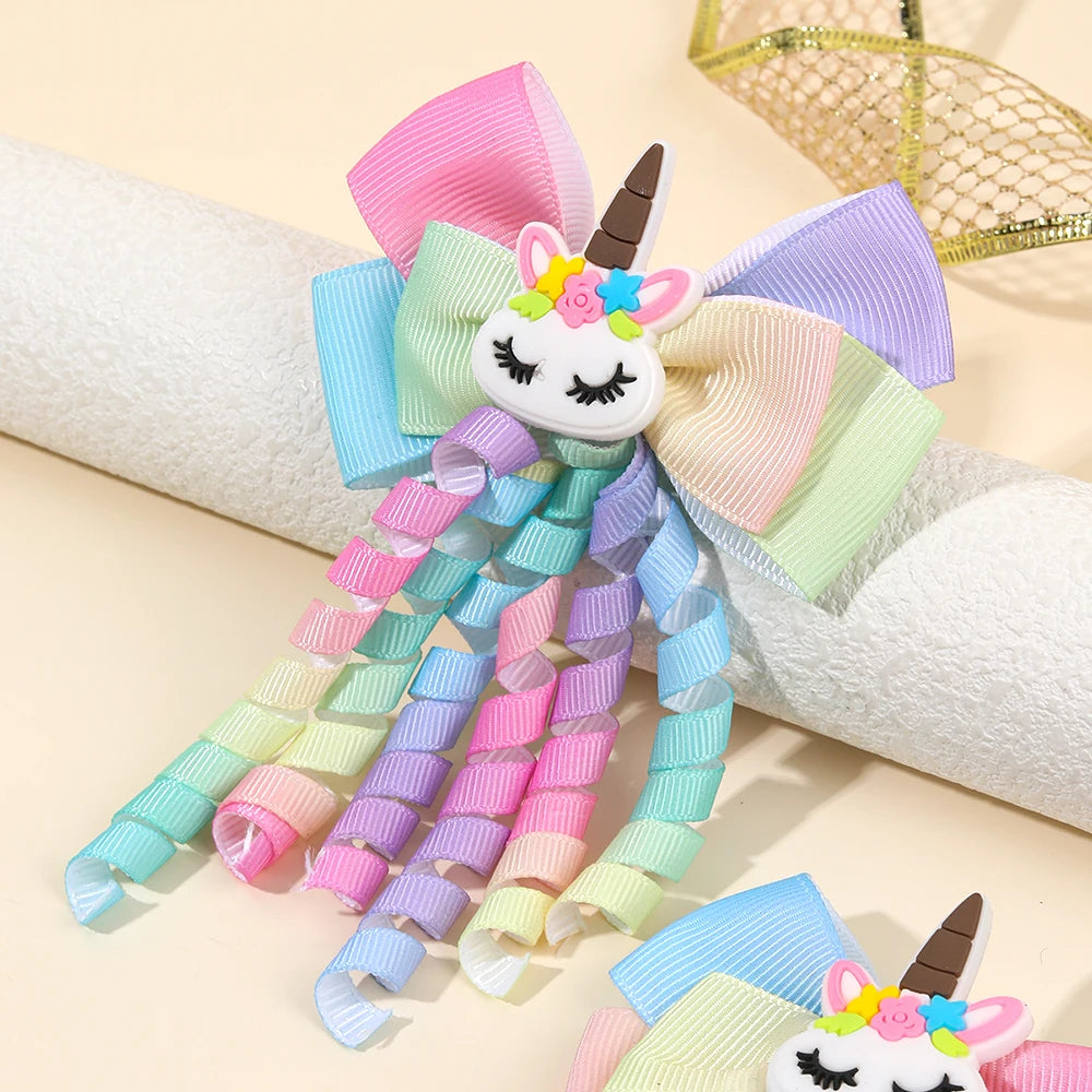 2Pcs Rainbow Unicorn Hair Clip Cute Curly Ribbon Tassel Magical Bow Hairpin For Kids Girls Party Daily Use Headwear Accessories