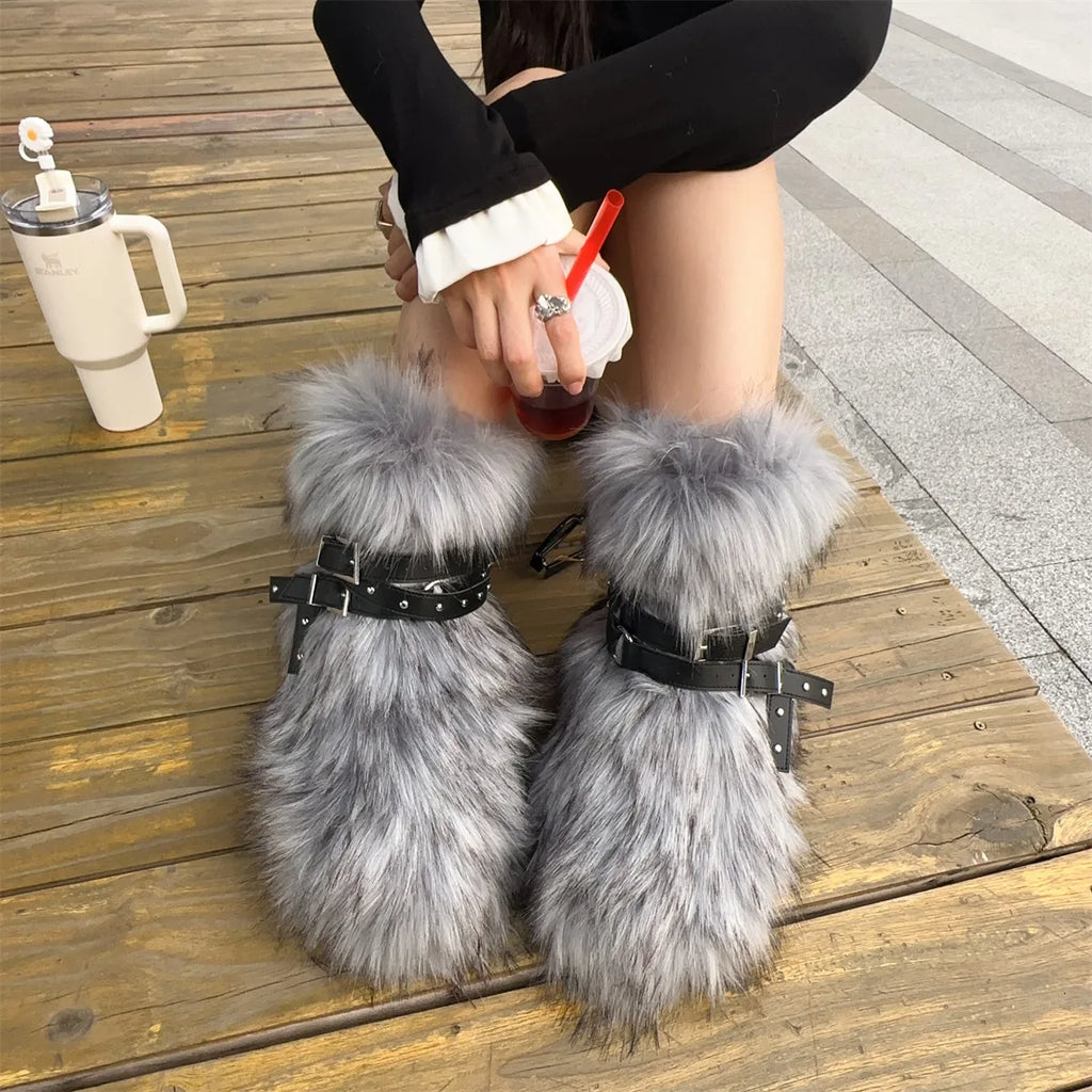 Winter Fur New Design Onepiece Raccoon FurFemale Snow Boots Fur shoes OutdoorMid Leg Boots y2k Cool Pink Girl