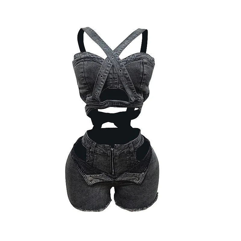 New Denim Vest Shorts Matching Set, Corset Tube Top Strappy Denim Vest Tops with Stretchy Shorts Sets