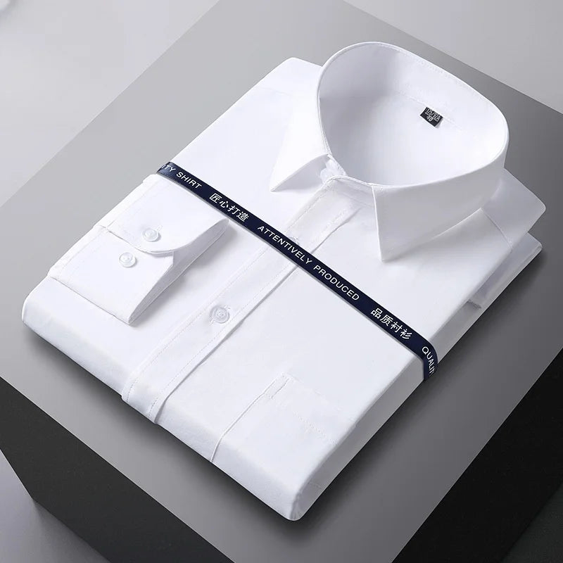 Men Formal Shirt Long Sleeve Autumn Office Solid Color Fashion Business Pocket White Social Pocket Office White Shirt S-7XL 6XL
