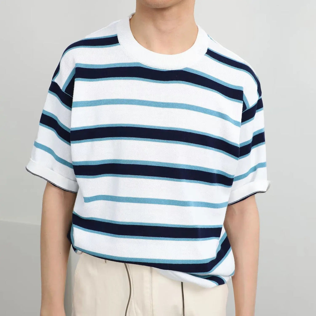 Retro American Casual Short-sleeved T-shirt for Men Round Neck Short-sleeved T-shirt Base Shirt for Summer New Stripes for Men
