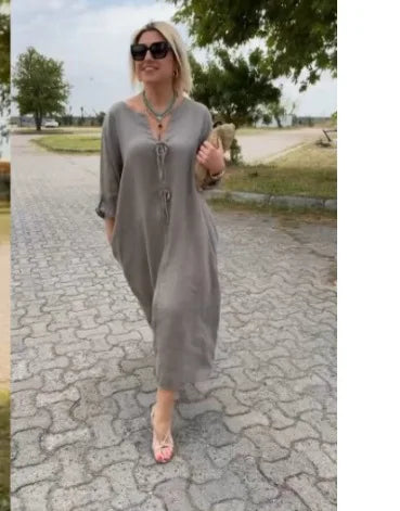 2025 Autumn Solid Maxi Dresses For Women Casual Loose Long Sleeve V Neck Button Streetwear Vacation Basic Dress Vestido Elegante
