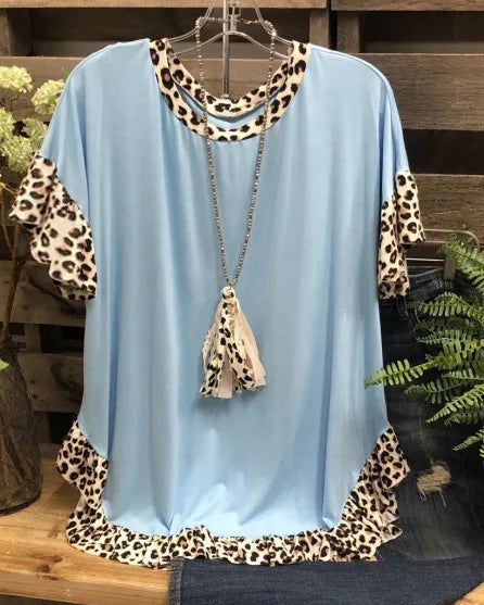 2026 New Women's Clothing, Leopard Print Splicing Short-sleeved Round Neck Loose Medium and Long Top T-shirt Women's Cw65684