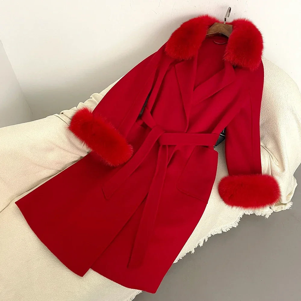 Fox Fur Coat for Women Wool Woolen Natural Real Fox Fur Collar Winter Jacket Ladies Belt Warm Outerwear Streetwear 2024