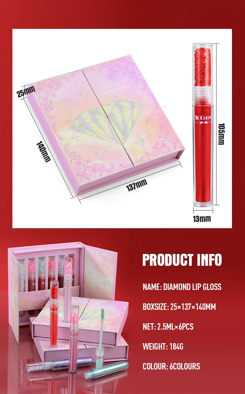 Pearlized Diamond Lip Oil Gloss Set 6 Shades Waterproof Moisturizing High Shine Lipgloss Luxe Gift Box for Women