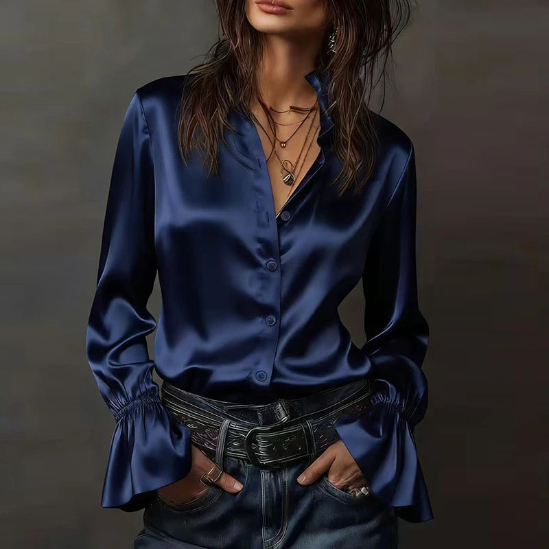 Fashion Women Long Sleeve Silk Shirt Black Turn Down Collar Button Blouse Women Office Tops Mesh See Through Sleeve Satin Shirt