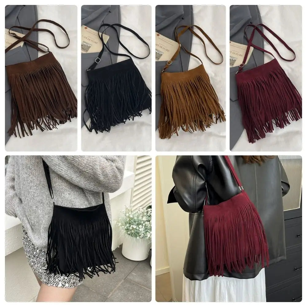 Fashion Suede Fringe Crossbody Bag Large Capacity Solid Color Shoulder Bag Boho Style Adjustable Shoulder Strap Bucket Bag Women