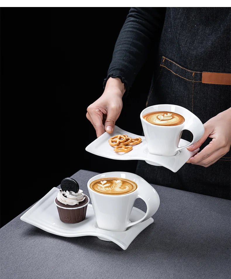 European Ceramic CoffeeCups Set with Wave Shape Plate 80 100 180 and 280ml Modern Minimalist White Cappuccino Latte Dessert Dish