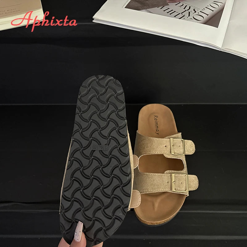 Aphixta Cork Clogs Slippers For Women Classic Suede Summer Sandals Fashion Outdoor Beach Shoes With Adjustable Metal Buckle