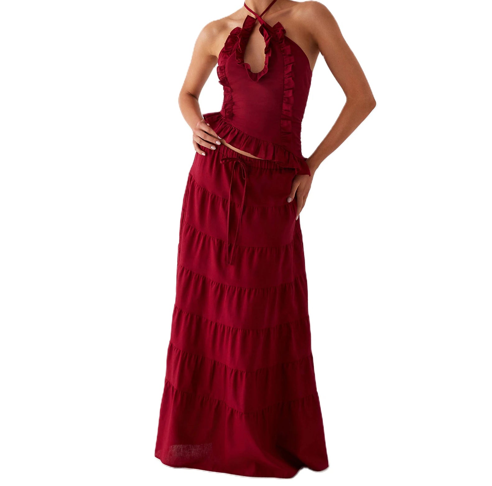 Women Summer Boho 2 Piece Maxi Skirt Sets Y2k Sexy Halter Ruched Cami Tops Tiered Flowy Ruffle Skirts Holiday Beach Outfits