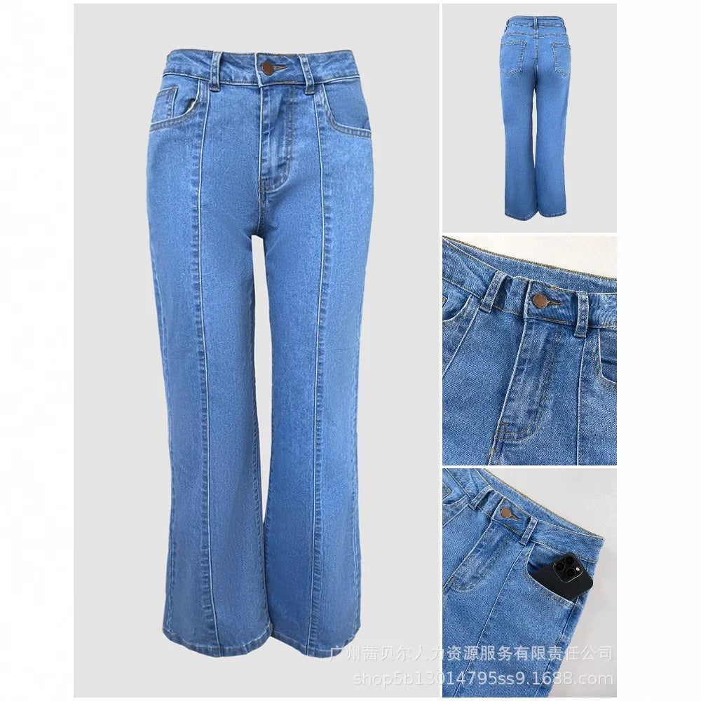 Women Spring Autumn Jeans Solid Color Button Wide Leg Pants High Waist Casual Fashion Comfortable Regular Standard Fit Trouser