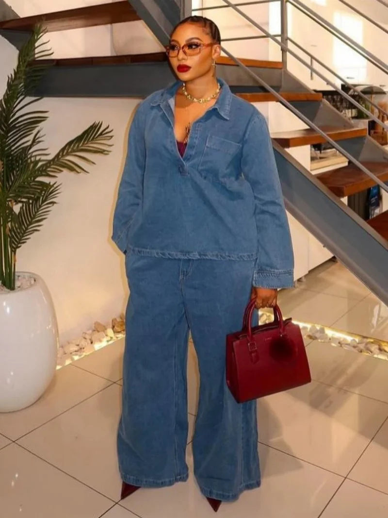 Vintage Denim 2 Piece Sets Women Outfit Spring Clothes Women 2026 Long Sleeve Shirt Top Straight Jeans Pant Set Cowboy Woman Set