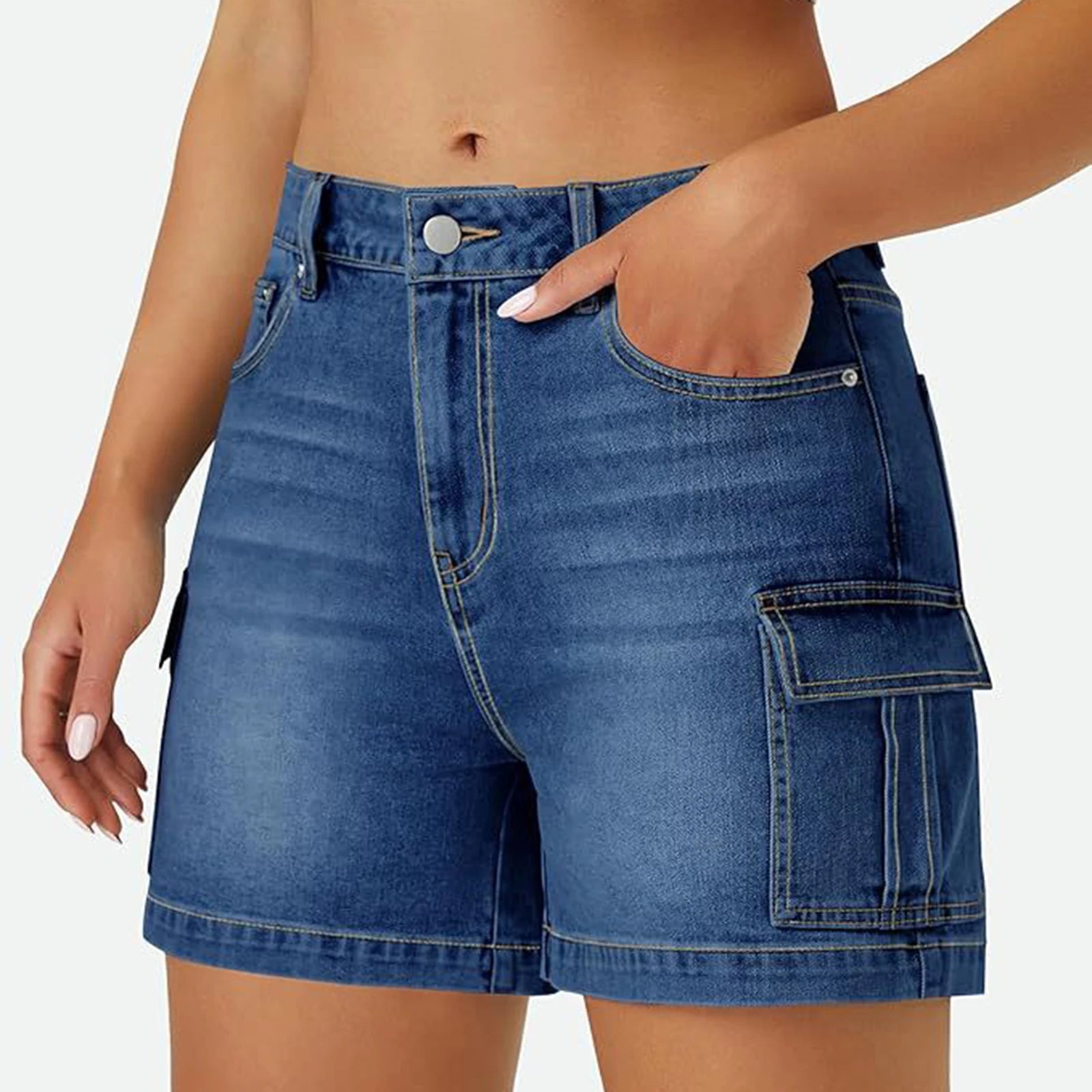 Solid Color Women's Denim Shorts Summer Wear High Waist Slim Cargo Jeans Bottoms Daily Use Soft Comfy Stretch Ladies Casual Pant